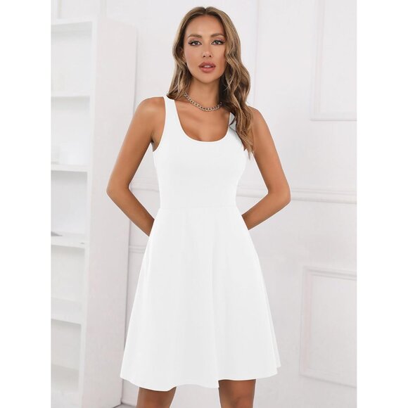 Women's Sleeveless Racerback Flared Tank Dress Casual Summer White Medium - Picture 4 of 6